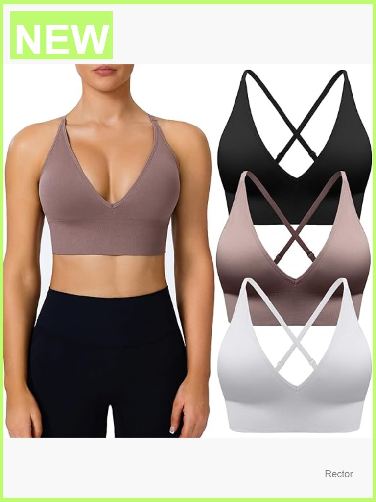 Adjustable Deep V Neck Sports Bras 3 Pack Padded Seamless Criss Cross Yoga Bras